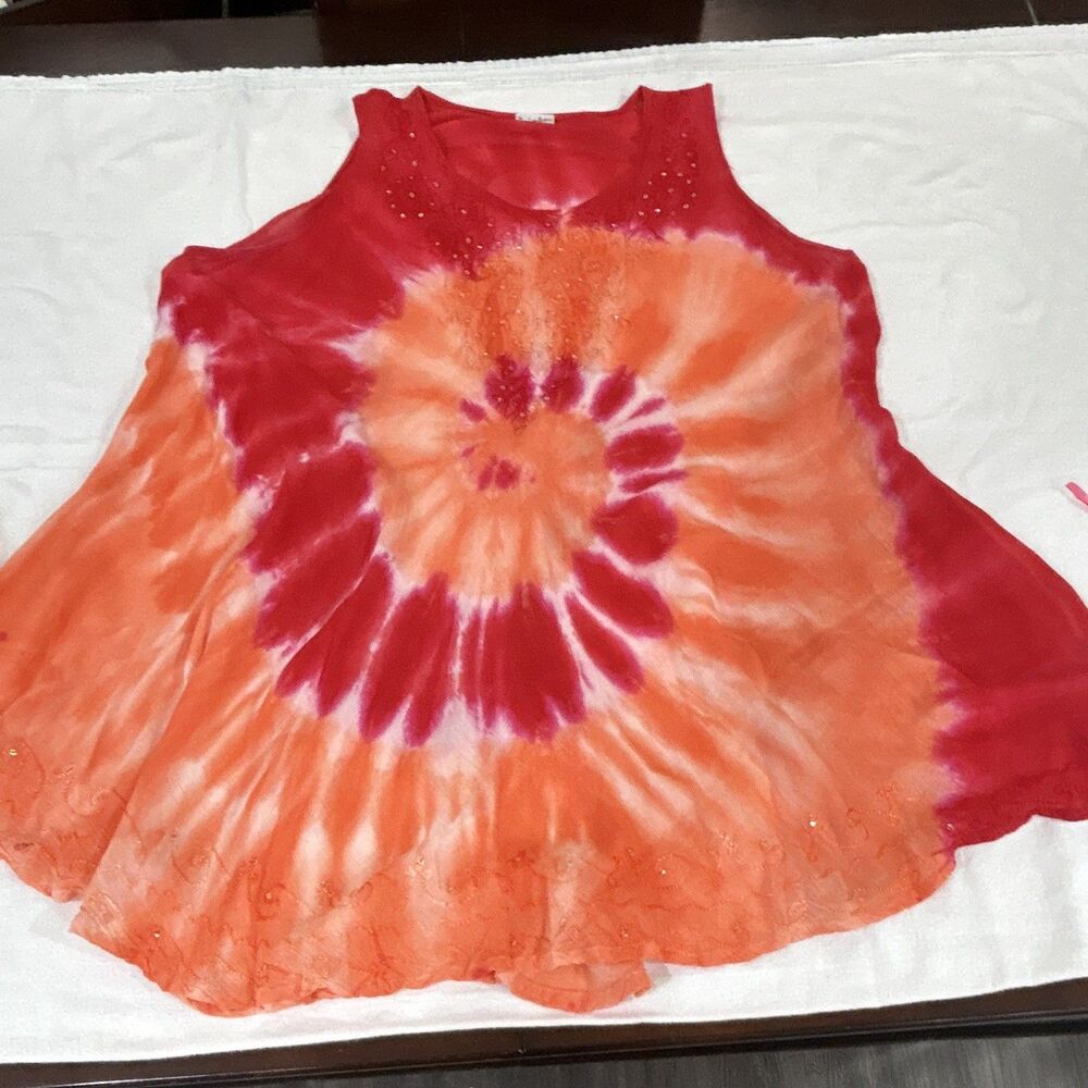 Rainbow Tie-Dye Rayon Beaded Embroidered Scoop Neck Tank Top One Size Red 0148